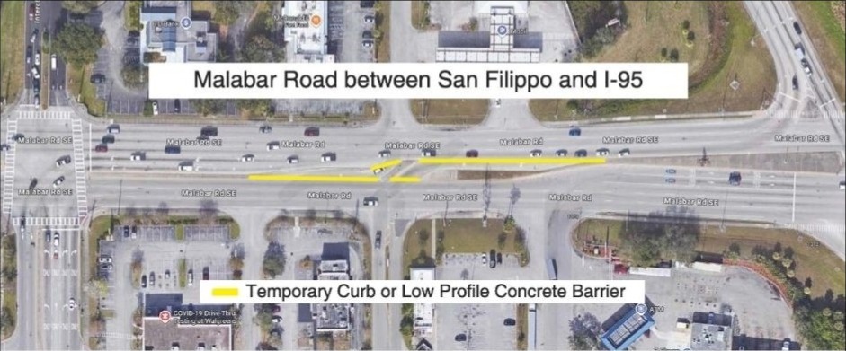 FDOT aerial map showing median closure locations on Malabar Road between San Filippo Boulevard and I-95, with yellow highlights marking temporary barrier placement
